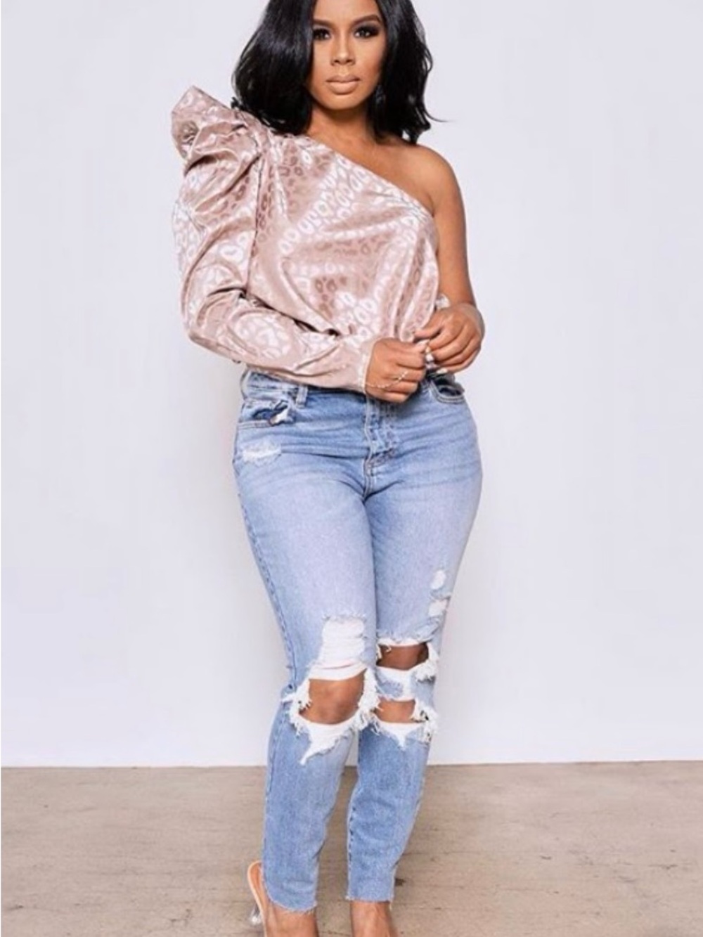 One-Shoulder Satin Leopard Print Top in Taupe/Blush
